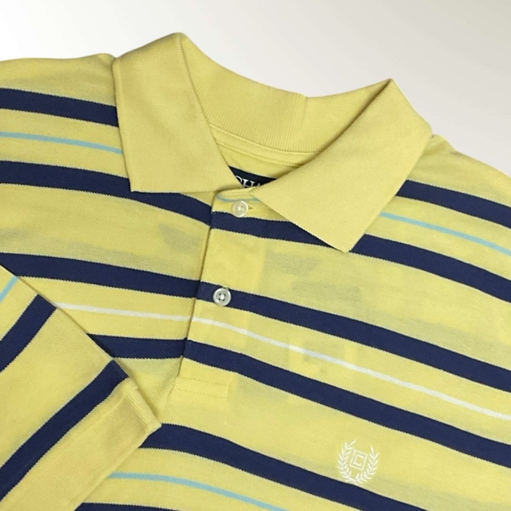 New Chaps Shirt Mens Medium YellowNavy Stripe Polo Rugby 100% Cotton Casual Golf